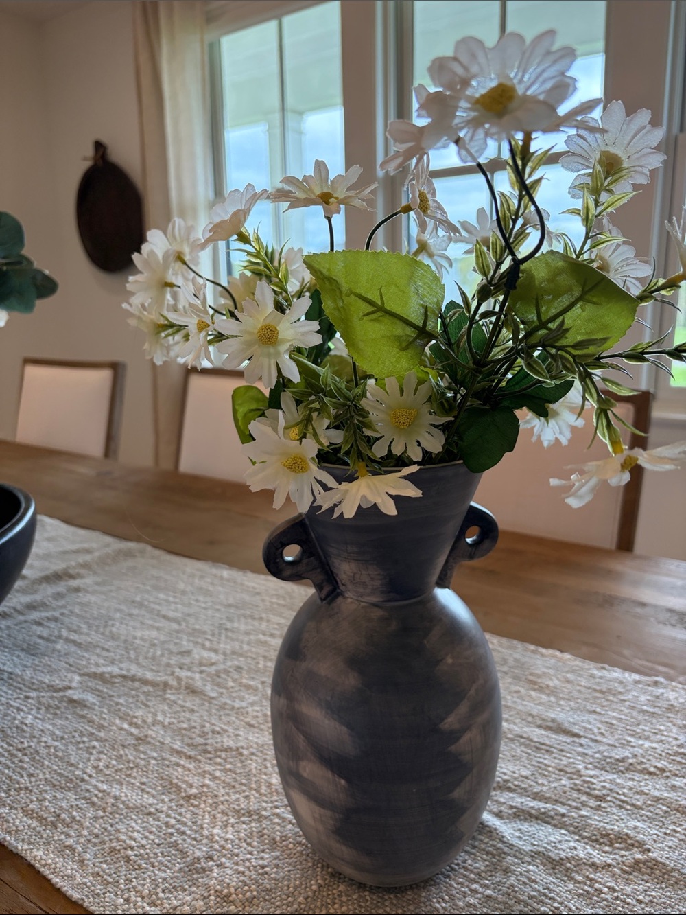 Crate&Barrel Charcoal Gray Ceramic Vase with White Daisies